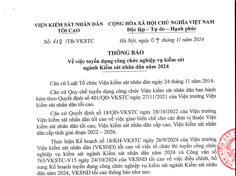 Về việc tuyển dụng công chức nghiệp vụ kiếm sát ngành Kiểm sát nhân dân năm 2024